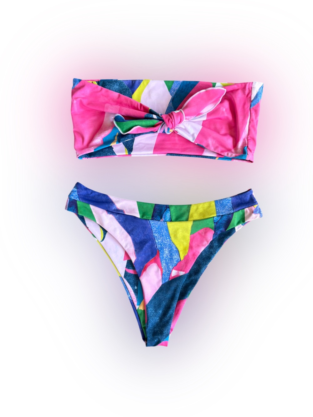 Abstract Multicolor Tie Front Bandeau Bikini Set Size L